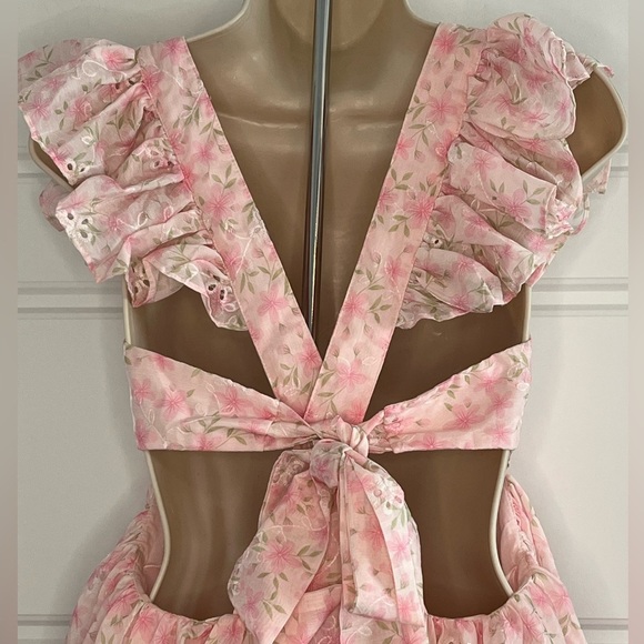 NEW MABLE Pink Floral Ruffle Tiered Criss Cross Back Mini Dress L Girly Flirty - Picture 7 of 14